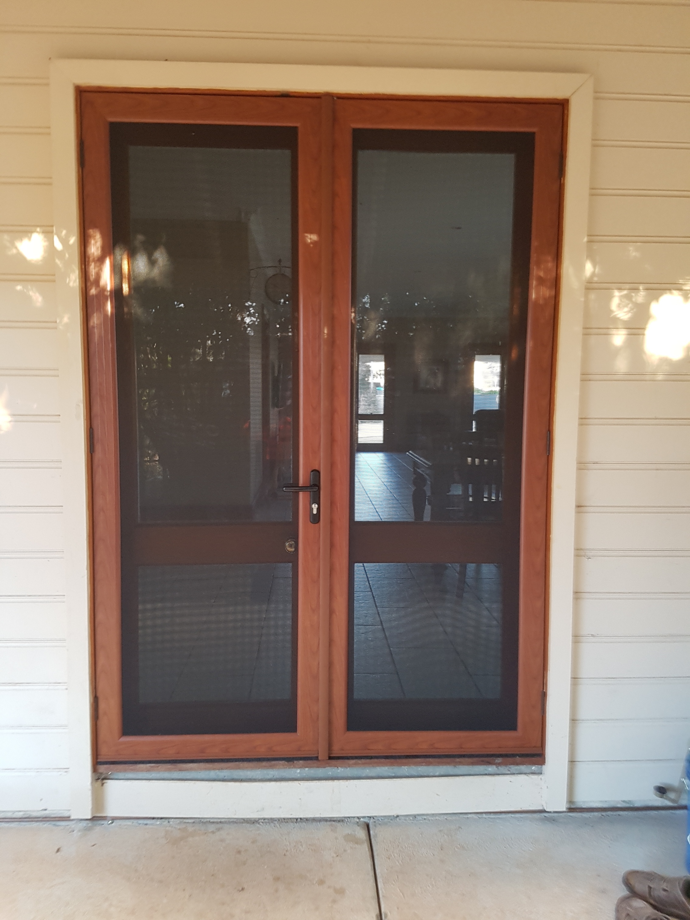 Security French Hinged Screen Doors Steel Mesh Western Red Cedar Finish